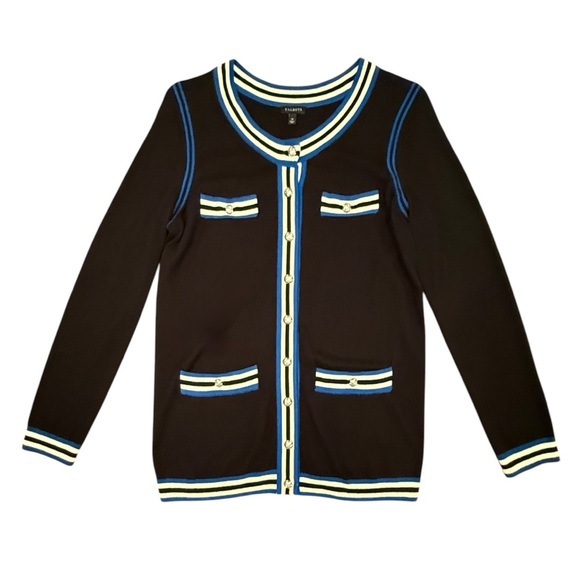 Talbots Black Silver Button Cardigan Sweater w/ Blue/White Trim Size Medium - Picture 2 of 9